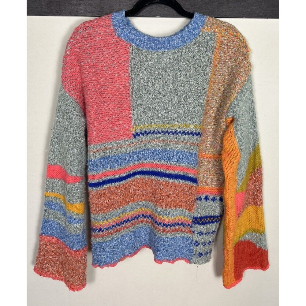 Patchwork Cozy Oversized Sweater Cropped Multi-Color Knit Boho Sz S